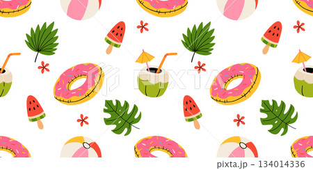 Seamless pattern with summer Icons for tropical vacation. Flat vector seasonal collection with ice cream, pineapple, tropic leaves, plumeria, watermelon, surfboard, beach accessories, swimsuit 134014336