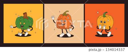 Groovy retro Happy Halloween character. Funky orange pumpkin with happy face in trendy vintage 50s, 60s, 70s style. Cute cartoon vector illustration on background 134014337