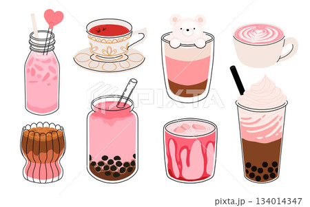 Collection of drinks for Valentine's Day. Mug with coffee, cocoa, hot chocolate, cream, bubble tea, strawberry milk with hearts, cherry cocktail, latte, love potion. Hot and cold beverages 134014347