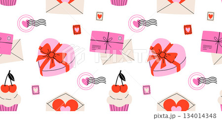 Valentine's Day seamless pattern with heart and other elements on a white background. Valentine's day, wedding and love concept. Vector background for wrapping paper, textile and others 134014348