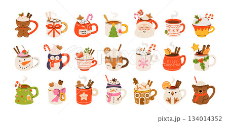 Christmas hot drink big collection. Flat cartoon beverages. Holiday cute mugs with hot cocoa, coffee, and mulled wine. New year drinks decorated with sweets and candy. Isolated vector illustration 134014352