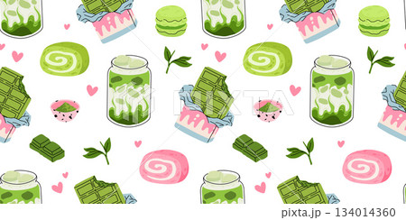 Japanese Matcha Food. Seamless pattern with Matcha Cheesecake and Matcha Tea. Vegan japanese green tea pastries and drink. Repeated Vector background, wrapping paper. Baked tart with green tea flavor. Japanese Matcha Food. Seamless pattern with Matcha Cheesecake and Matcha Tea. Vegan japanese green tea pastries and drink. Repeated Vector background, wrapping paper. Baked tart with green tea flavor. 134014360