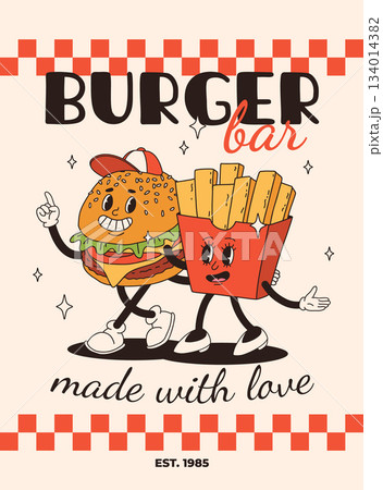 Cartoon fast food poster. Retro groovy cards with mascot food characters. Brochure design with quote text for cafe. Banner with funky groovy burger, french fries, soda, ice cream. Fast food delivery 134014382