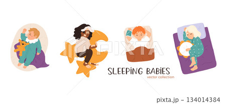 Sleeping babies set. Calm kids asleep, lying and dreaming at night. Cute little boys and girls, sweet children relaxing on pillows. Flat cartoon vector illustrations isolated on white background Sleeping babies set. Calm kids asleep, lying and dreaming at night. Cute little boys and girls, sweet children relaxing on pillows. Flat cartoon vector illustrations isolated on white background 134014384