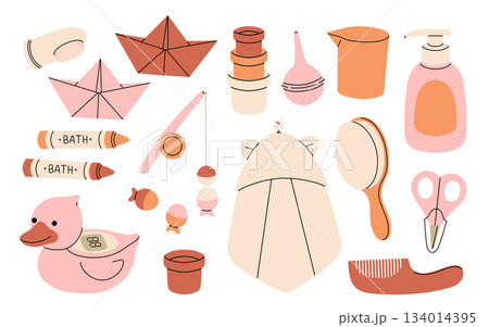 Accessories for bathing children vector illustrations set. Cartoon doodles of bathroom elements, towel, cream, toothbrush, thermometer isolated on white background. Baby care, hygiene 134014395