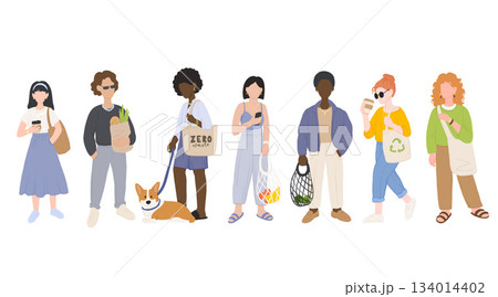 Zero waste life style. Cartoon women and men with natural eco products in linen bag and a string bag, shopping with zero pollution, concept healthy lifestyle isolated on white background Zero waste life style. Cartoon women and men with natural eco products in linen bag and a string bag, shopping with zero pollution, concept healthy lifestyle isolated on white background 134014402