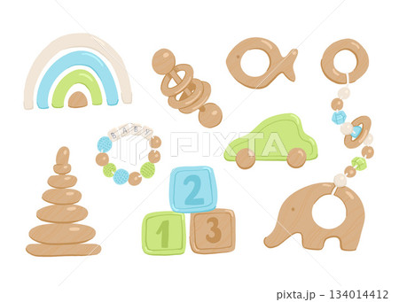 Collection of flat vector wooden toys for babies and toddlers. Cartoon simple style pastel colorful images of child elephant, car, rattles, pacifiers, rainbows and sorters. Montessori accessories Collection of flat vector wooden toys for babies and toddlers. Cartoon simple style pastel colorful images of child elephant, car, rattles, pacifiers, rainbows and sorters. Montessori accessories 134014412