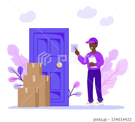 Smiling african american courier rings the door of the house. Express delivery of packages, goods to the home. Parcels delivery service. flat design cartoon style. Online delivery Smiling african american courier rings the door of the house. Express delivery of packages, goods to the home. Parcels delivery service. flat design cartoon style. Online delivery 134014422
