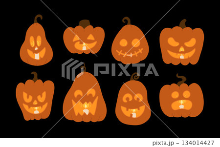 Scary Monster Faces Set. Jack O Lantern lit in the dark, candles inside carved pumpkin. Simple flat cartoon Illustrations. Scary Monster Faces Set. Jack O Lantern lit in the dark, candles inside carved pumpkin. Simple flat cartoon Illustrations. 134014427