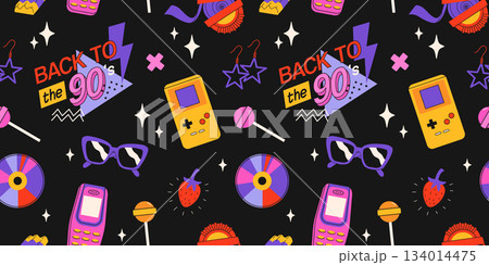 Classic 80s back to 90s elements in modern flat style. Hand drawn sticker set, vector seamless pattern. Fashion patch, badge, emblem with vintage accessories. 134014475