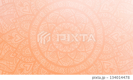 Round mandala on dreamy peach fuzz gradient background. Translucent mesh pattern in the form of a mandala. Mandala with floral patterns. Pastel Yoga template. 134014478