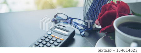 Banner Top view office desk laptop and coffee cup on wood table copy space.  Panorama tabletop notebook laptop coffee cup for officer display empty space wooden background workspace full banner design 134014625