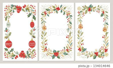 ヴィンテージ調クリスマスカードイラスト｜ホーリーブランチとオーナメントのポストカード素材 134014646