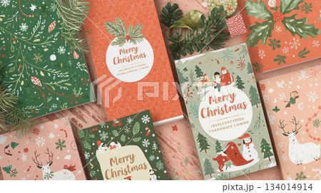 北欧風のかわいいクリスマスイラストセット｜冬のほのぼのポストカード素材 134014914