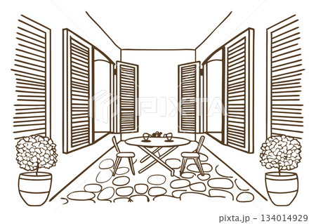 Cozy terrace with open shutters, round table, chairs, potted plants, and stone floor in linear art, AI Generative 134014929
