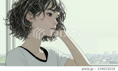 白い壁に向かって考え事をする若い女性