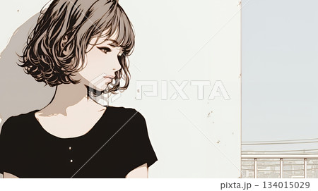 白い壁に向かって考え事をする若い女性