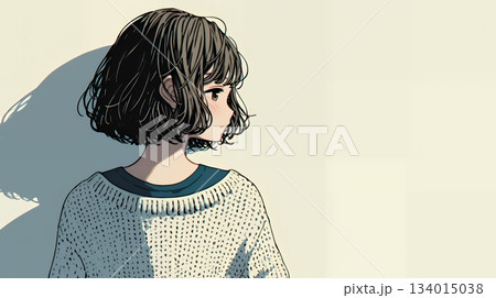 白い壁に向かって考え事をする若い女性