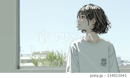 白い壁に向かって考え事をする若い女性