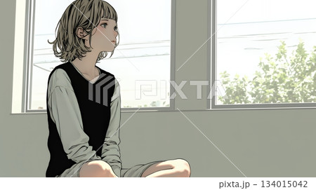 白い壁に向かって考え事をする若い女性