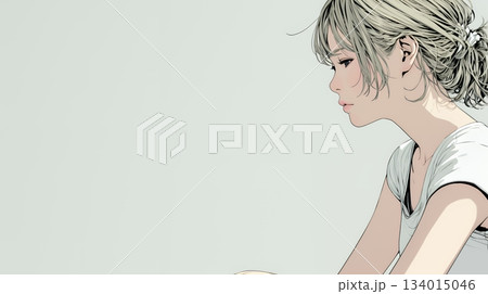 白い壁に向かって考え事をする若い女性