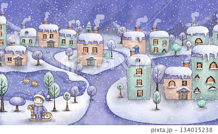雪降るイラスト風の田舎町と子ども 雪降るイラスト風の田舎町と子ども 134015238