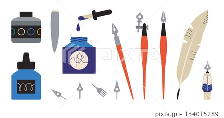 Sketchbook tools. Painter accessories collection. Stationery for drawing. Calligraphy feather with metal nibs. Artistic craft. Ink pen or paint bottle with dropper. Vector elements set 134015289