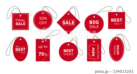 Price tag. Sale label, red discount icon or flag, sticker shop element. Retail offer paper sign, promotion marketing, special offer coupon. Vector sticker design, isolated realistic emblem set Price tag. Sale label, red discount icon or flag, sticker shop element. Retail offer paper sign, promotion marketing, special offer coupon. Vector sticker design, isolated realistic emblem set 134015291