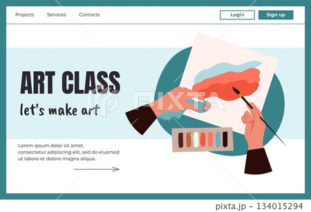 Hands making notes. Art class landing page. Painter education course. Website design template. Arms painting picture. Artistic hobby studio. Fingers hold paintbrush. Vector background 134015294