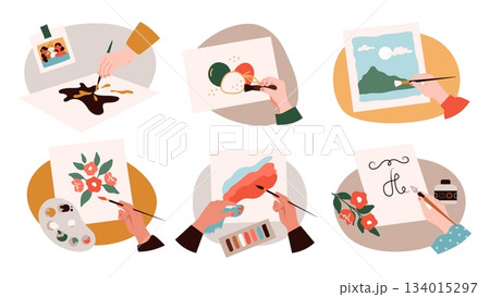 Hands making notes. Human arm holding paintbrush. Stationery top view. Painter drawing picture. Brush and paints. Artistic hobby. Creative painting and calligraphy. Vector concepts set 134015297