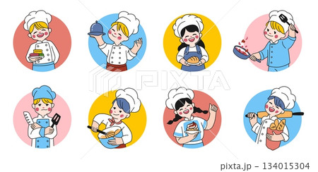 Kids cook. Child chef menu, girl character for food cookbook logo, little boy gourmet kitchen in hat. Children portrait in round form. Culinary profession. Vector cartoon face illustration 134015304