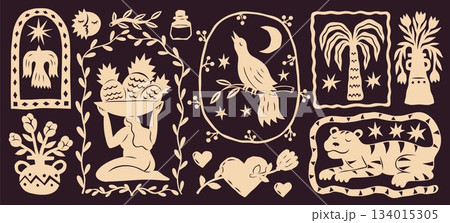 Ethnic shapes. Abstract summer beach. Tiger retro art drawing and mosaic sticker collage. Silhouette bird on tree branch. Flower vase. Vintage modern flat elements set. Vector clipart 134015305