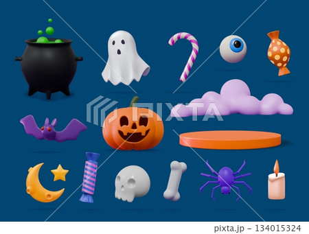 3D Halloween. Autumn holiday elements. Candy cloud. Pumpkin Jack. Skeleton bone and skull. Magic potion cauldron. Bat and ghost. Podium stage for party. Vector render plastic objects set 134015324