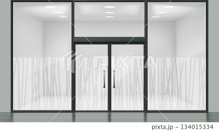 Glass office. Frost wall design pattern. Shop building storefront. Abstract vinyl film graphic or 3d line door texture. Window mural print shapes. Vector architecture exterior mockup Glass office. Frost wall design pattern. Shop building storefront. Abstract vinyl film graphic or 3d line door texture. Window mural print shapes. Vector architecture exterior mockup 134015334
