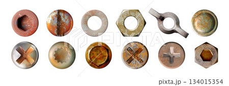 Rust nail. Head of metal screw bolt. Rusty rivet. Old pin top. Vintage copper texture. Brown industrial iron. Self-tapping fastener. Fastening assortment. Vector realistic objects set 134015354