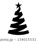 Christmas tree symbol icon shape, black and white illustration of decorated Christmas tree ribbon with star 134015531