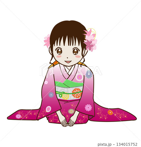 正座をしている振袖姿の女性 134015752