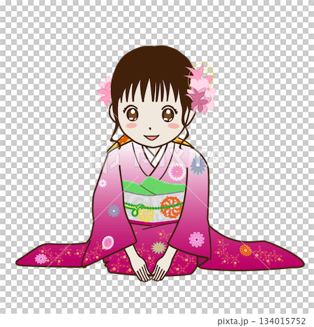 正座をしている振袖姿の女性 134015752