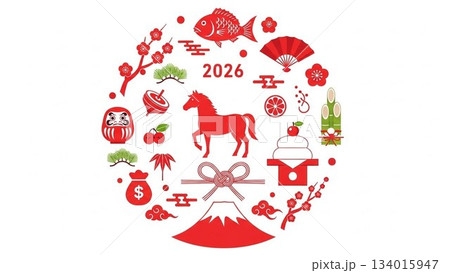 午年モチーフを円形にデザインした2026年の年賀イラスト 134015947