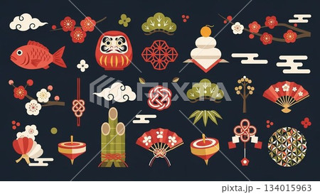 黒背景に並ぶ和風アイコンセットと日本の伝統モチーフイラスト 134015963