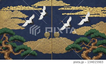 松と鶴が描かれた伝統的な金屏風風の和風背景デザイン 松と鶴が描かれた伝統的な金屏風風の和風背景デザイン 134015983