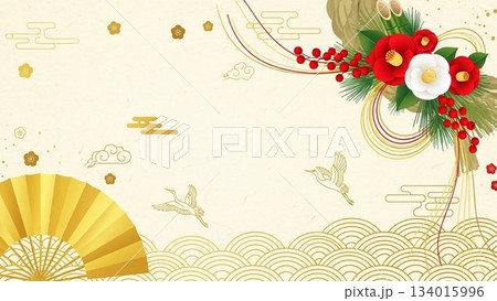 松竹梅と金色の装飾があしらわれた上品な和風年賀背景 134015996