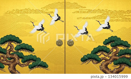 金屏風に描かれた松と鶴の伝統的な和風背景デザイン 金屏風に描かれた松と鶴の伝統的な和風背景デザイン 134015999