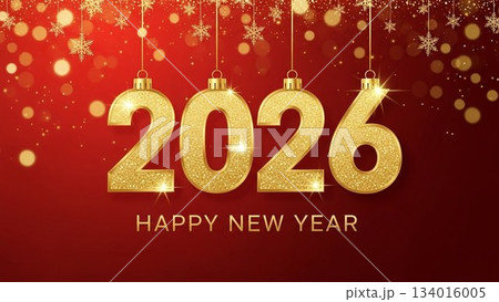 赤い背景に金色の2026数字が輝く新年デザインカード 134016005