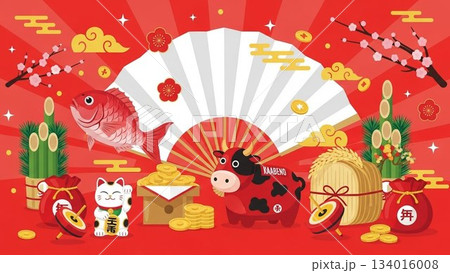 正月アイテムがかわいく並んだ赤背景の和風イラストデザイン 正月アイテムがかわいく並んだ赤背景の和風イラストデザイン 134016008