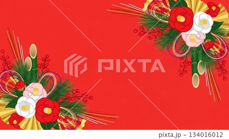 赤色の背景に門松が配置された華やかな和風の新年デザイン 134016012