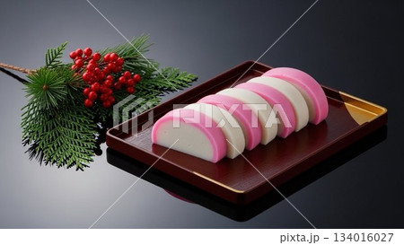 お正月料理として盛り付けられた紅白かまぼこと松飾り お正月料理として盛り付けられた紅白かまぼこと松飾り 134016027