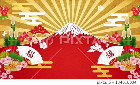 富士山と松竹梅を描いた赤背景の華やかなお正月デザイン 134016034