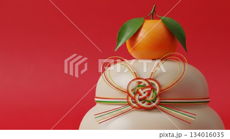 赤い背景に鏡餅を配置したシンプルなお正月イメージ 134016035