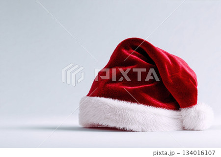 Classic red Santa hat resting on a plain background, evoking holiday spirit and festive celebrations during the winter season 134016107